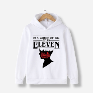 In a World of 10s be an Eleven Hoodie detail — Stranger Things merch for kids
