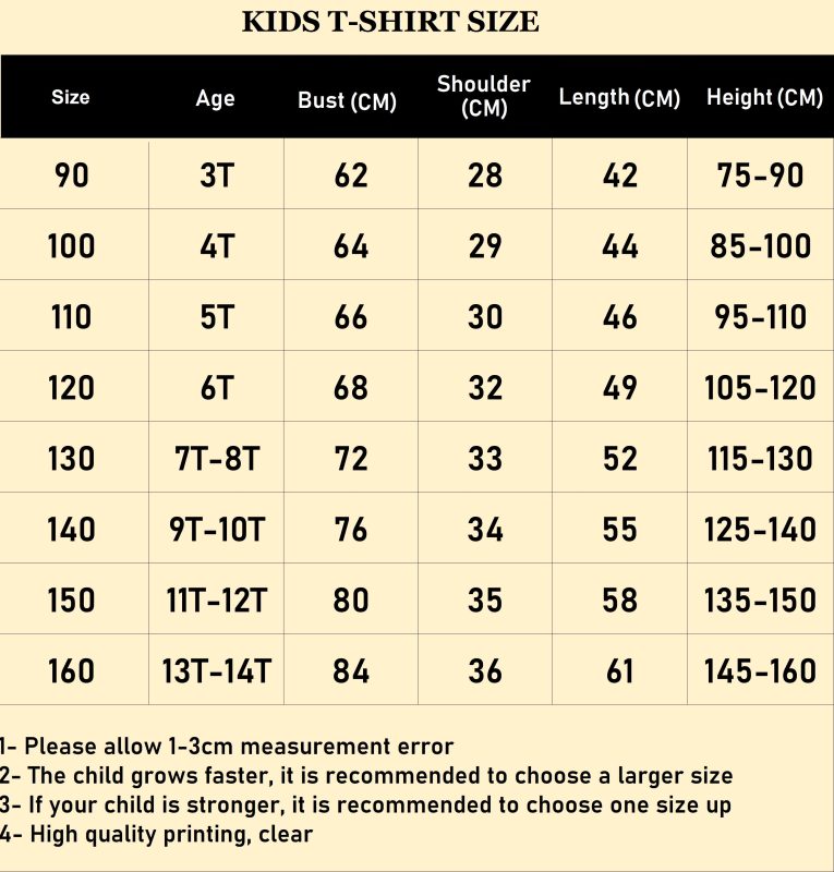 3D T-Shirt Size Chart